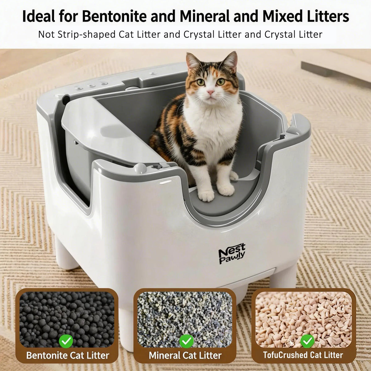 2026 New NestPawly M07 Self-Cleaning Litter Box - Open-Top Automatic Cat Litter Box with Odor Control, Safety Features, and Easy Maintenance