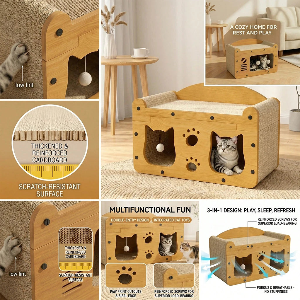 2-in-1 Cat Scratcher Bed House with Dangling Toys – Replaceable Corrugated Cardboard, Sisal Surface, Wooden Frame, for Play Sleep & Scratch, Indoor Cats