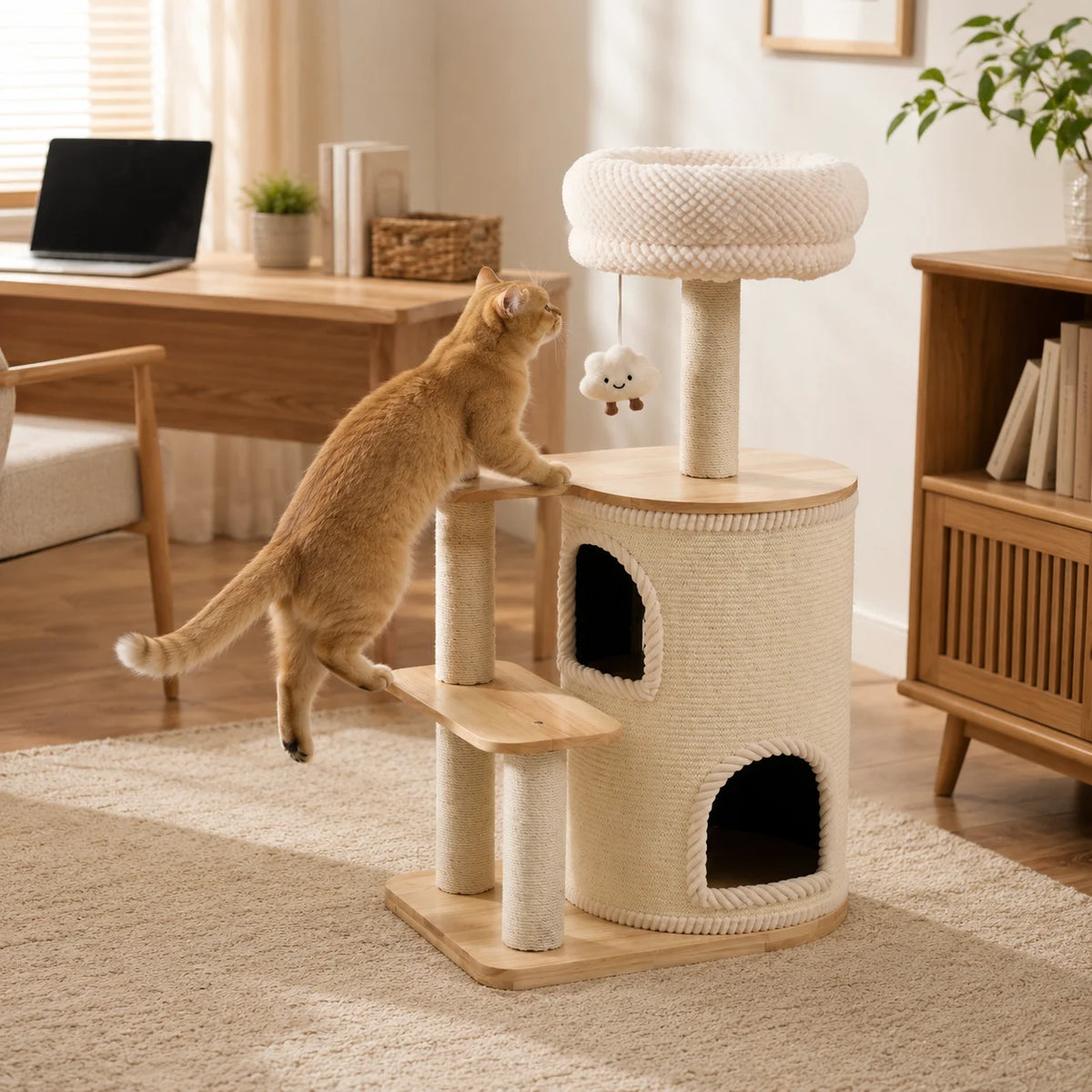 40.9-Inch Modern Wooden Cat Tree for Indoor Cats, Multi-Level Cat Tower with Double Cat Condo, Plush Top Bed, Sisal Scratching Posts and Climbing Platforms