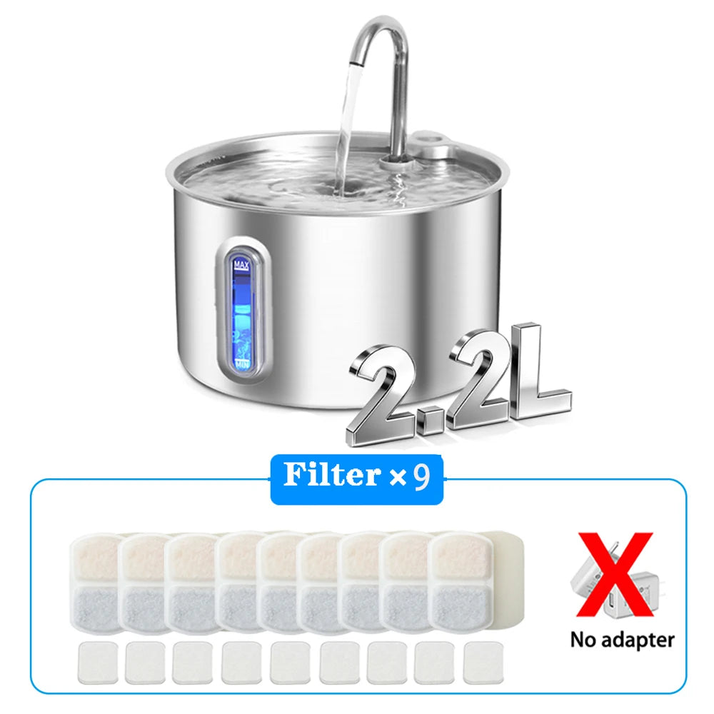2.2L Stainless Steel Automatic Pet Water Dispenser Fountain For Cats And Dogs Drinking Bowl Easy To Clean Multiple Pets Supplies