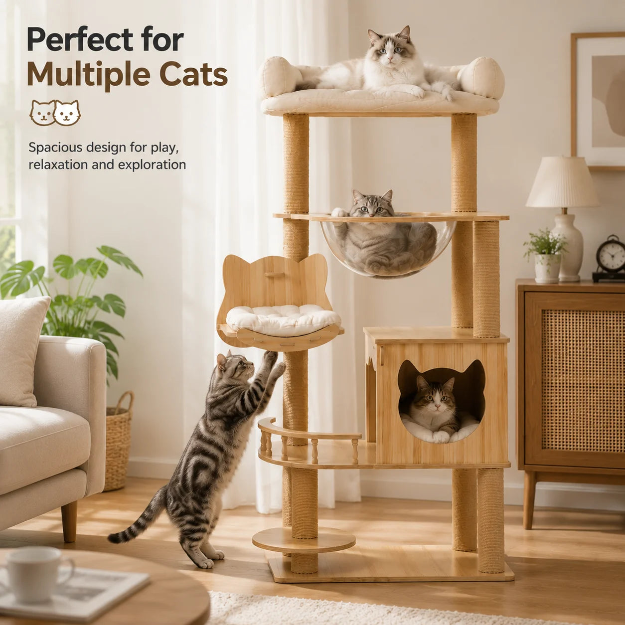 5-Tier 55' Cat Tree with Hammock & Transparent Space Capsule, Wooden Cat Tower with Scratching Posts, Cozy Multi-Level Activity Center for Indoor Cats 140cm