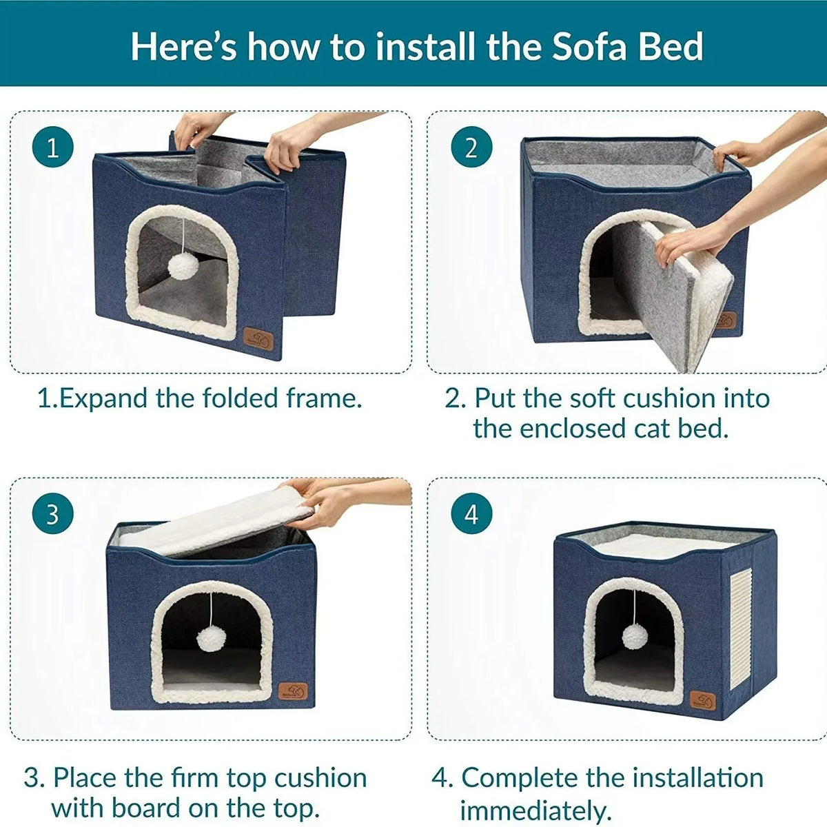Cat Beds For Indoor Cats - Large Cat Cave For Pet Cat House With Fluffy Ball Hanging And Scratch Pad, Foldable Cat Hideaway, 16.5x16.5x13 Inches, Grey