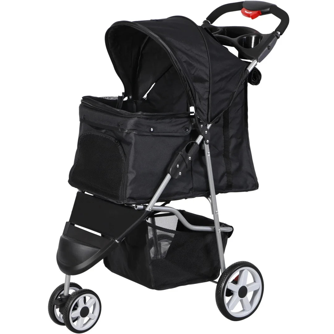 Dog Stroller 3/4-Wheels w/Storage Basket & Cup Holder Foldable Cat Pet Stroller