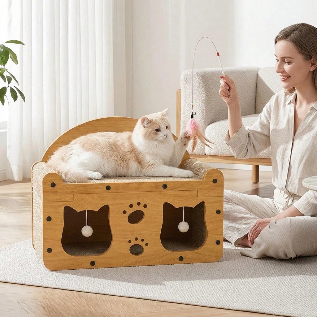 2-in-1 Cat Scratcher Bed House with Dangling Toys – Replaceable Corrugated Cardboard, Sisal Surface, Wooden Frame, for Play Sleep & Scratch, Indoor Cats