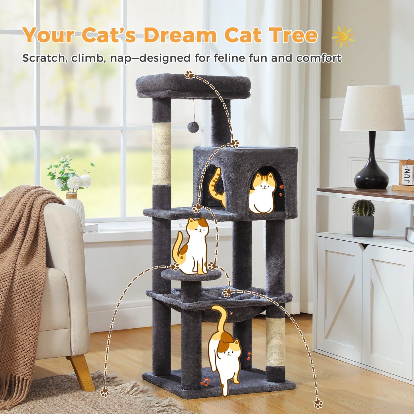 Multi-Level Cat Tree Tower with Scratching Posts, Condo, Hammock, Cat Scratching Board,Cat Accessories,Cat Furniture,Indoor Cats