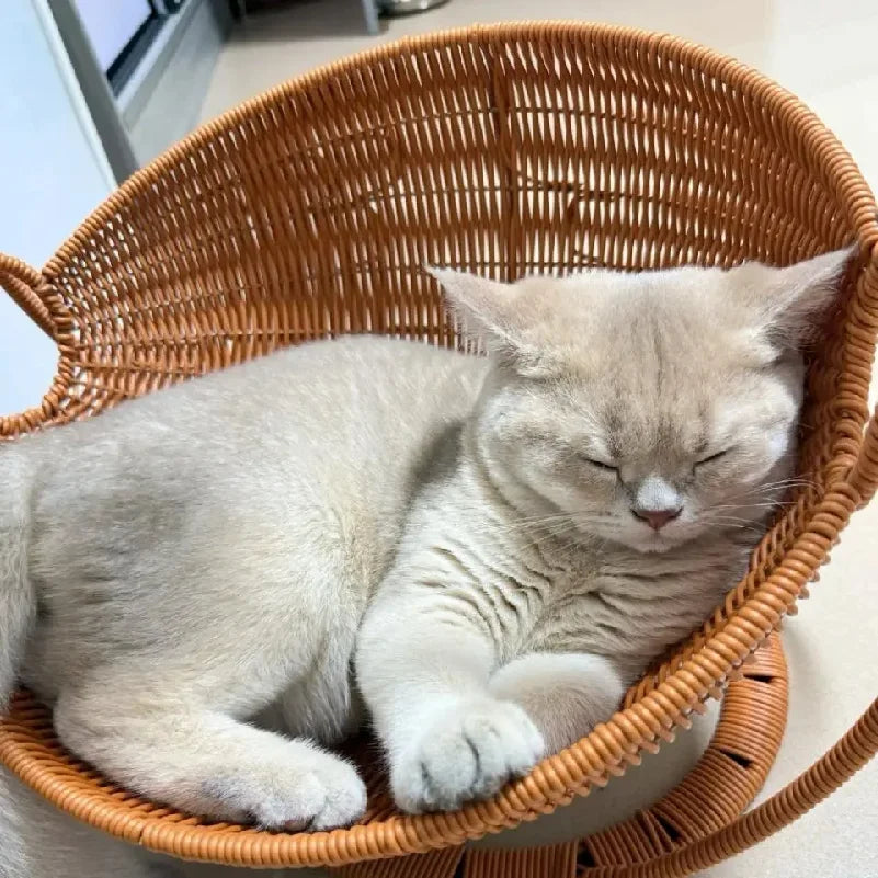 Faux Woven Cat Bed Semi Enclosed Cat Cave Bed Waterproof Indoor Cat House Basket Style Pet Bed for Cats