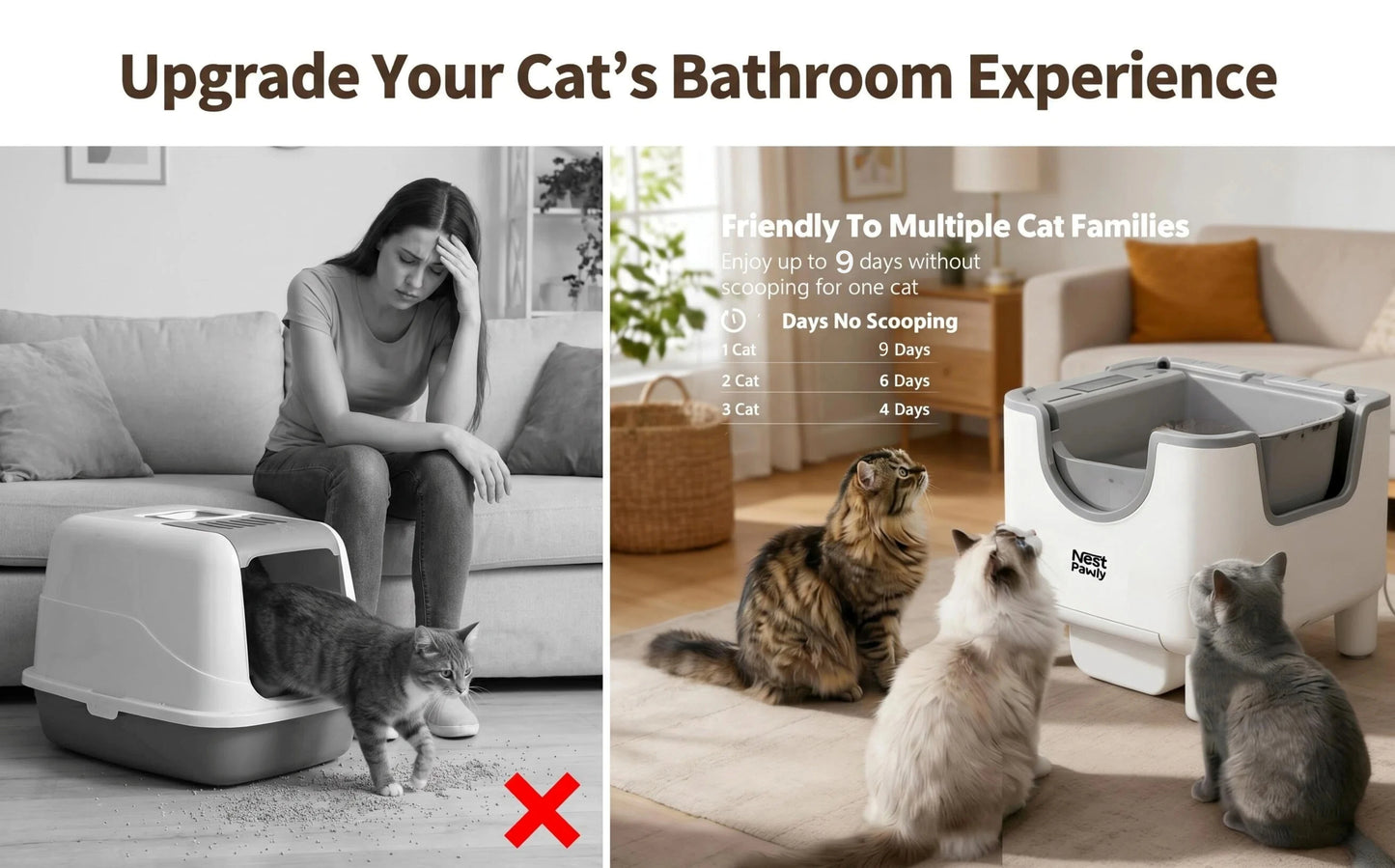 2026 New NestPawly M07 Self-Cleaning Litter Box - Open-Top Automatic Cat Litter Box with Odor Control, Safety Features, and Easy Maintenance