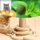 Solid Wood Cat Scratching Post Activity Center Natural Sisal Wrap Multi-Layer Turntable Platform With Rolling Catnip Balls Hanging Pom-poms & Spring Feather Toy Interactive Grinding Claw Play Tower For Indoor Cats