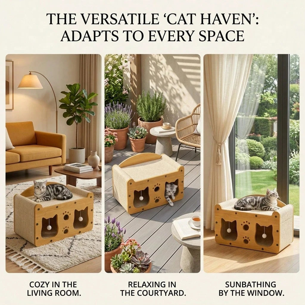 2-in-1 Cat Scratcher Bed House with Dangling Toys – Replaceable Corrugated Cardboard, Sisal Surface, Wooden Frame, for Play Sleep & Scratch, Indoor Cats