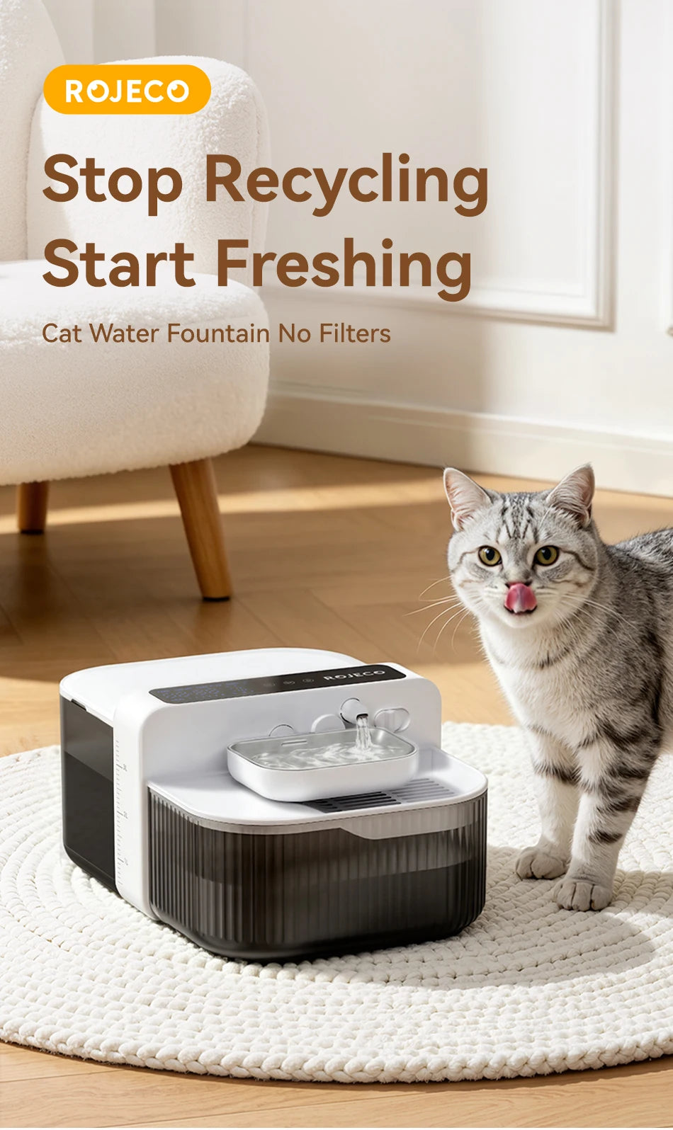 ROJECO 3.5L Wireless Pet Water Fountain Cat Water Dispenser 2000mAh Automatic Sewage Separation Cat Drinking Fountain Supplies