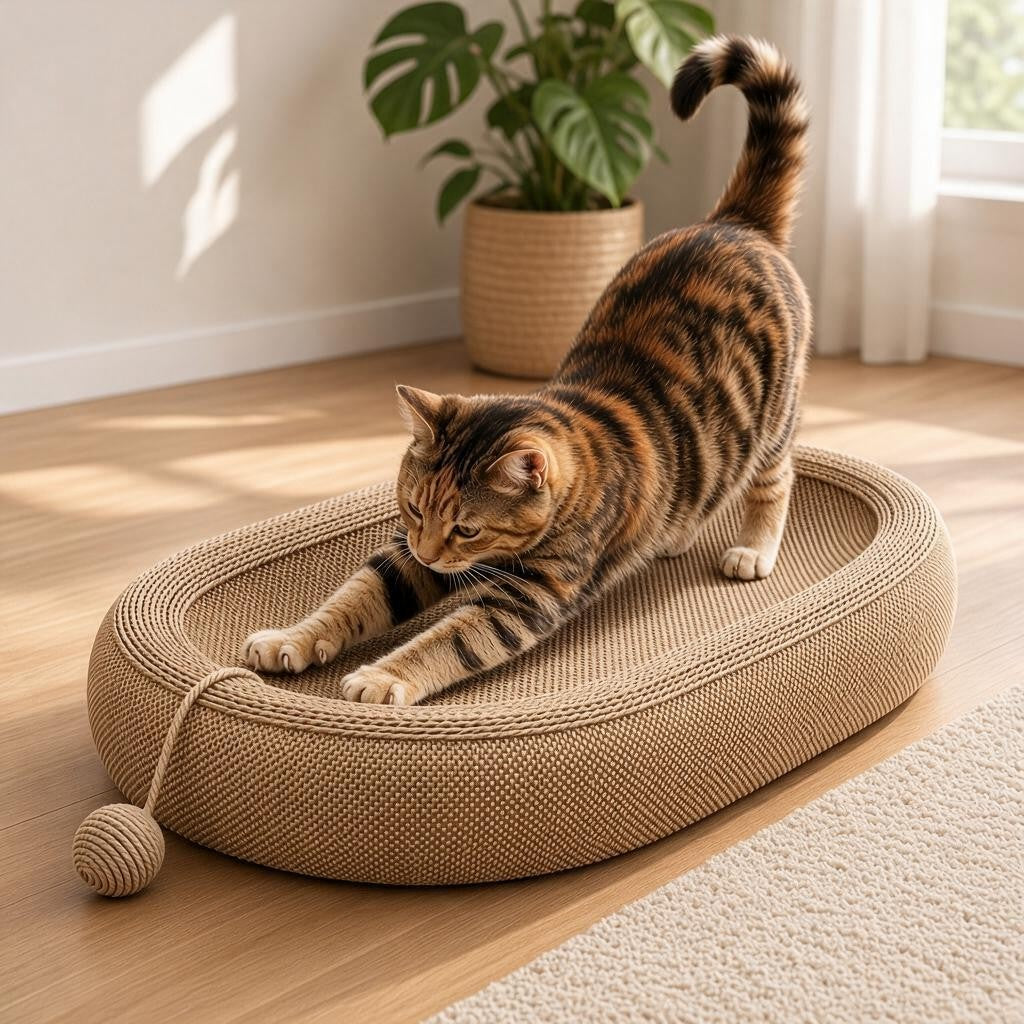 A brown and black striped cat stretches while lying on a round, oval-shaped woven cat scratcher with a dangling ball toy, placed on a light wood floor in a bright room.