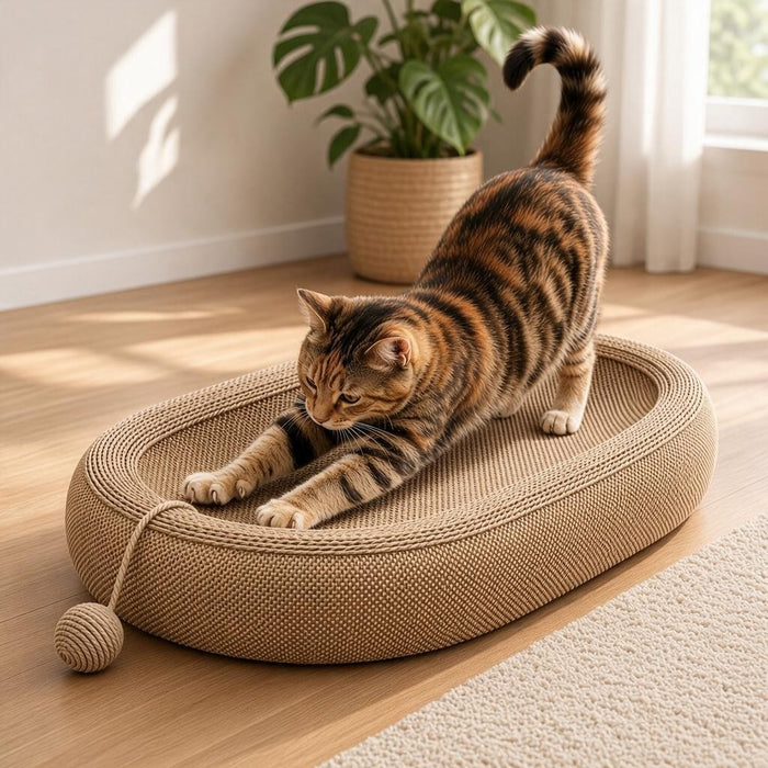A brown and black striped cat stretches while lying on a round, oval-shaped woven cat scratcher with a dangling ball toy, placed on a light wood floor in a bright room.