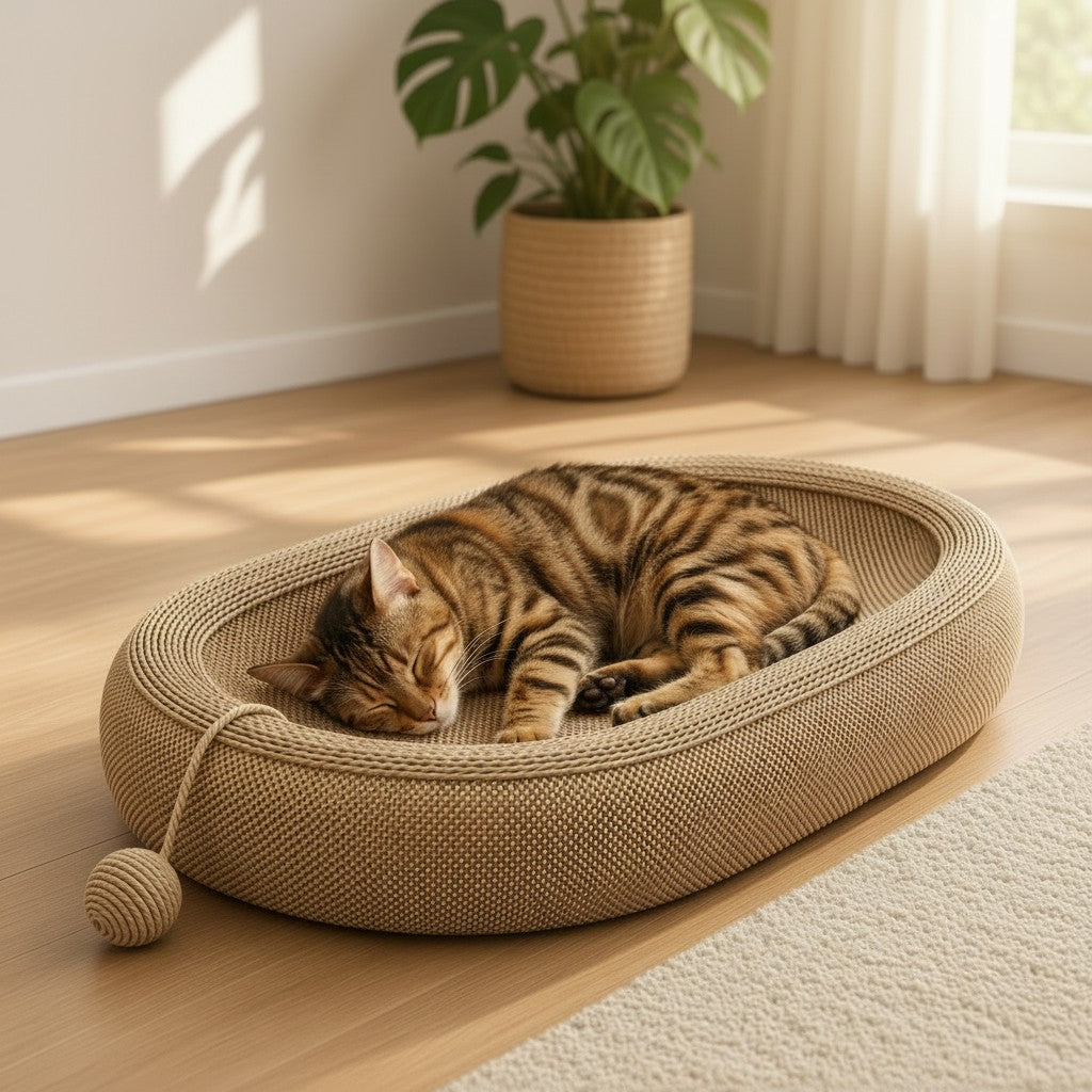 A sleeping tabby cat rests inside a woven oval cat bed on a light wood floor, with a potted plant and curtains in the background.