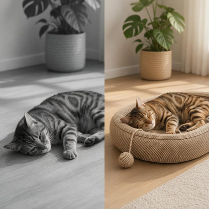A split-screen comparison showing a cat in two settings. The left side is a black-and-white photo of a striped cat sleeping on a wooden floor.