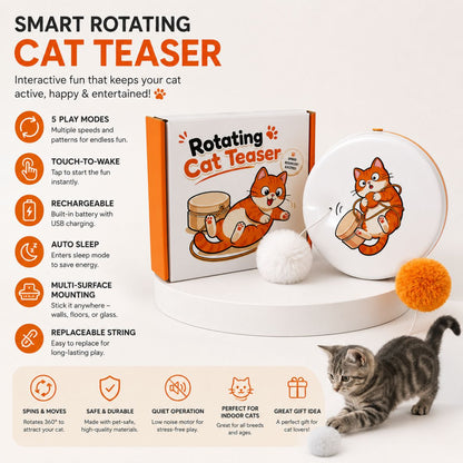 Smart Rotating Cat Teaser, Rechargeable Interactive Cat Toy with 5 Play Modes, Touch-To-Wake, Auto Sleep, Multi-Surface Mounting and Replaceable String for Indoor Cats & Kittens