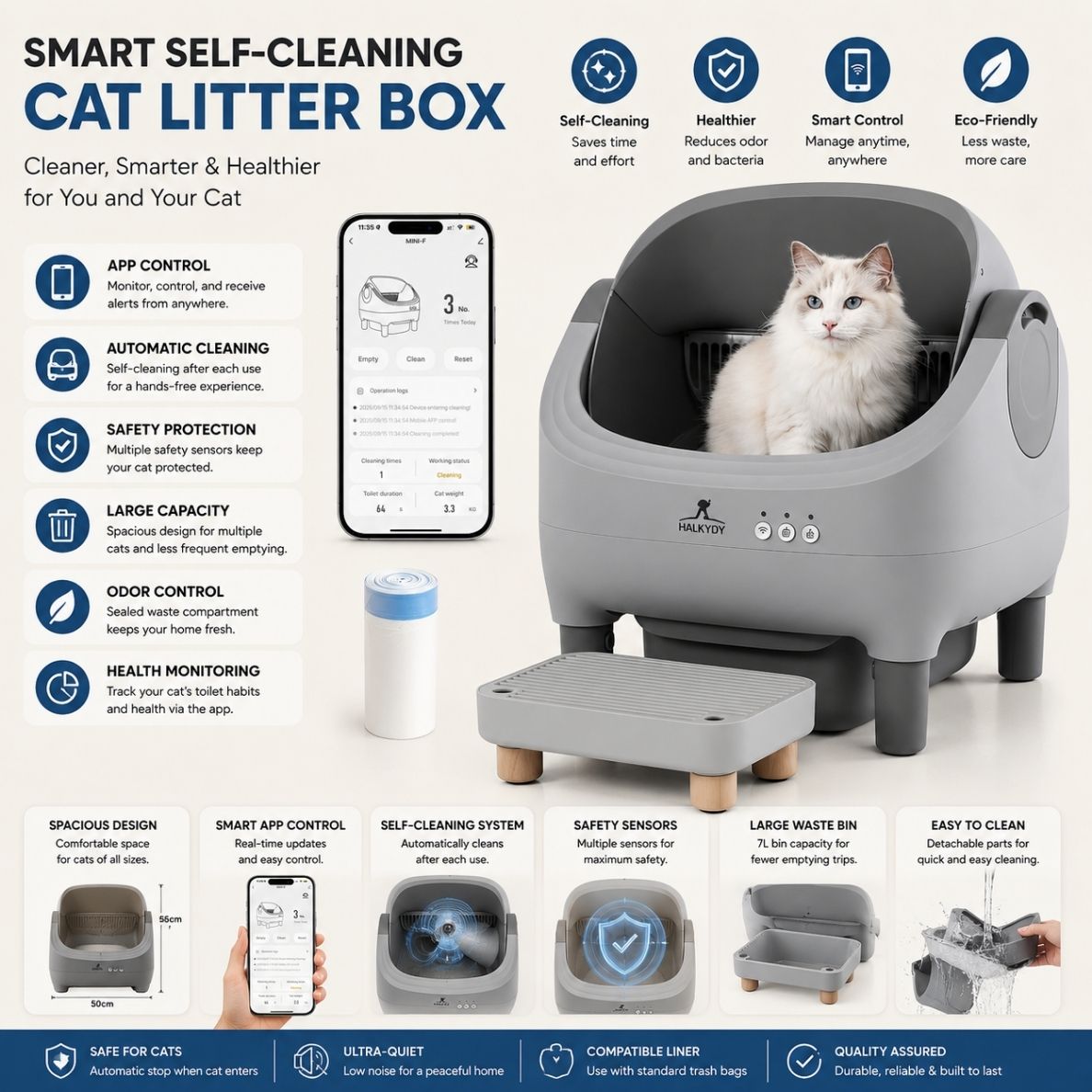 Upgraded Self-Cleaning Cat Litter Box with Raised Step, Monitor + Control via Smart App, Odor Control & Health Monitoring & Safety Protection & Low Noise, Large Automatic Litter Box for Multiple Cats