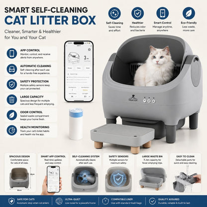 Upgraded Self-Cleaning Cat Litter Box with Raised Step, Monitor + Control via Smart App, Odor Control & Health Monitoring & Safety Protection & Low Noise, Large Automatic Litter Box for Multiple Cats