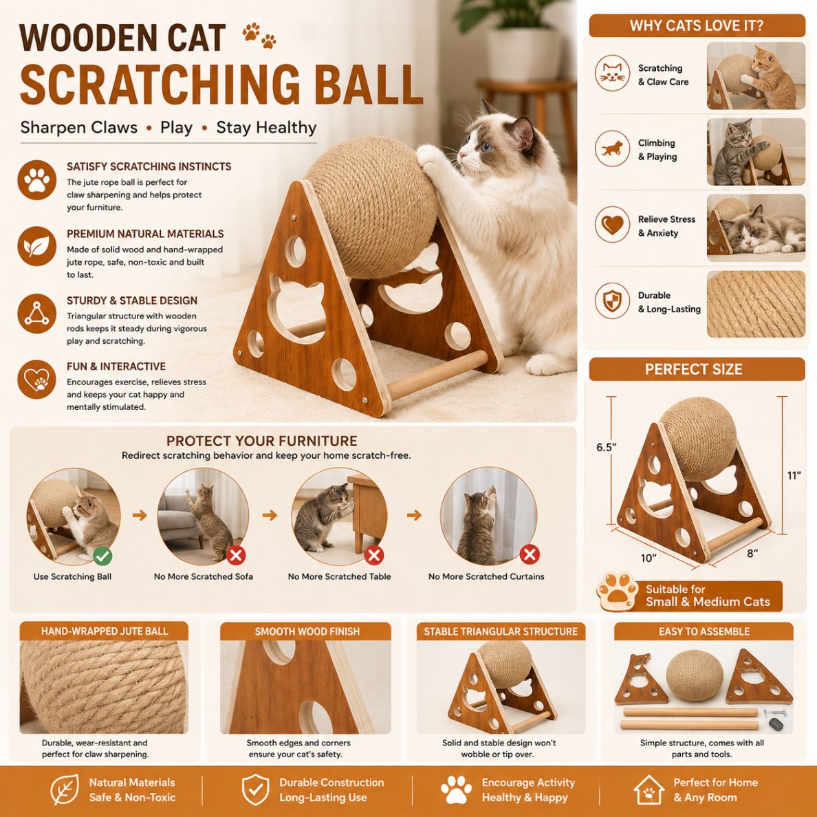 Wooden Cat Scratching Ball, Cat Sharpening Claws, Hand-Wrapped Sword, Jute Rope, Cat Climbing Frame, Cat Scratching Post, Durable Cat Toy.