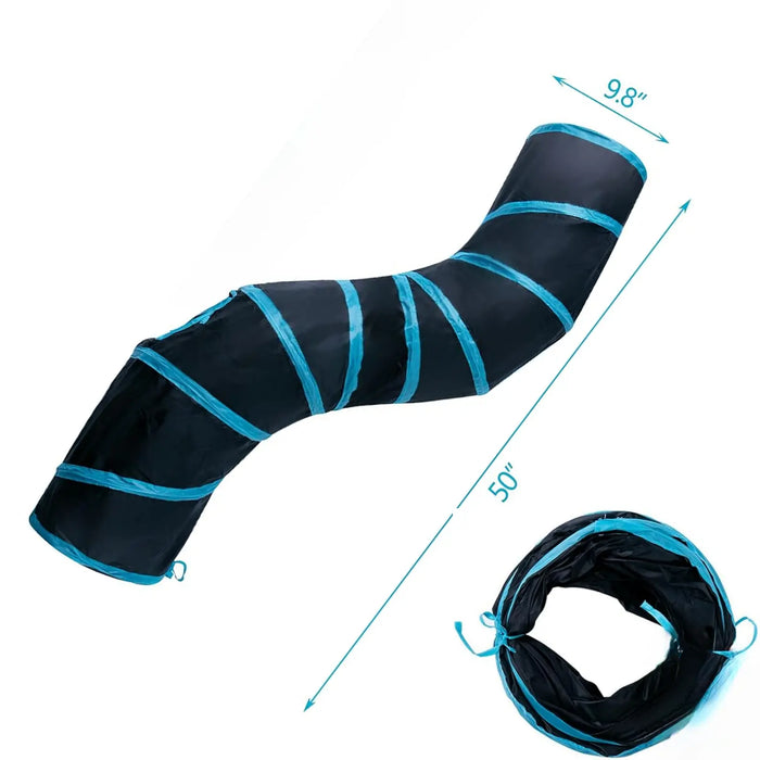 Foldable S-Curve Cat Tunnel Toy for Bored Indoor Cats, 1-Way/3-Way Multi-Entry, Multi-Channel Maze with Peek Holes & Play Ball Exit, Durable Scratch-Resistant Polyester Fabr., Space-Saving, Universal Fit (Blue & Black)