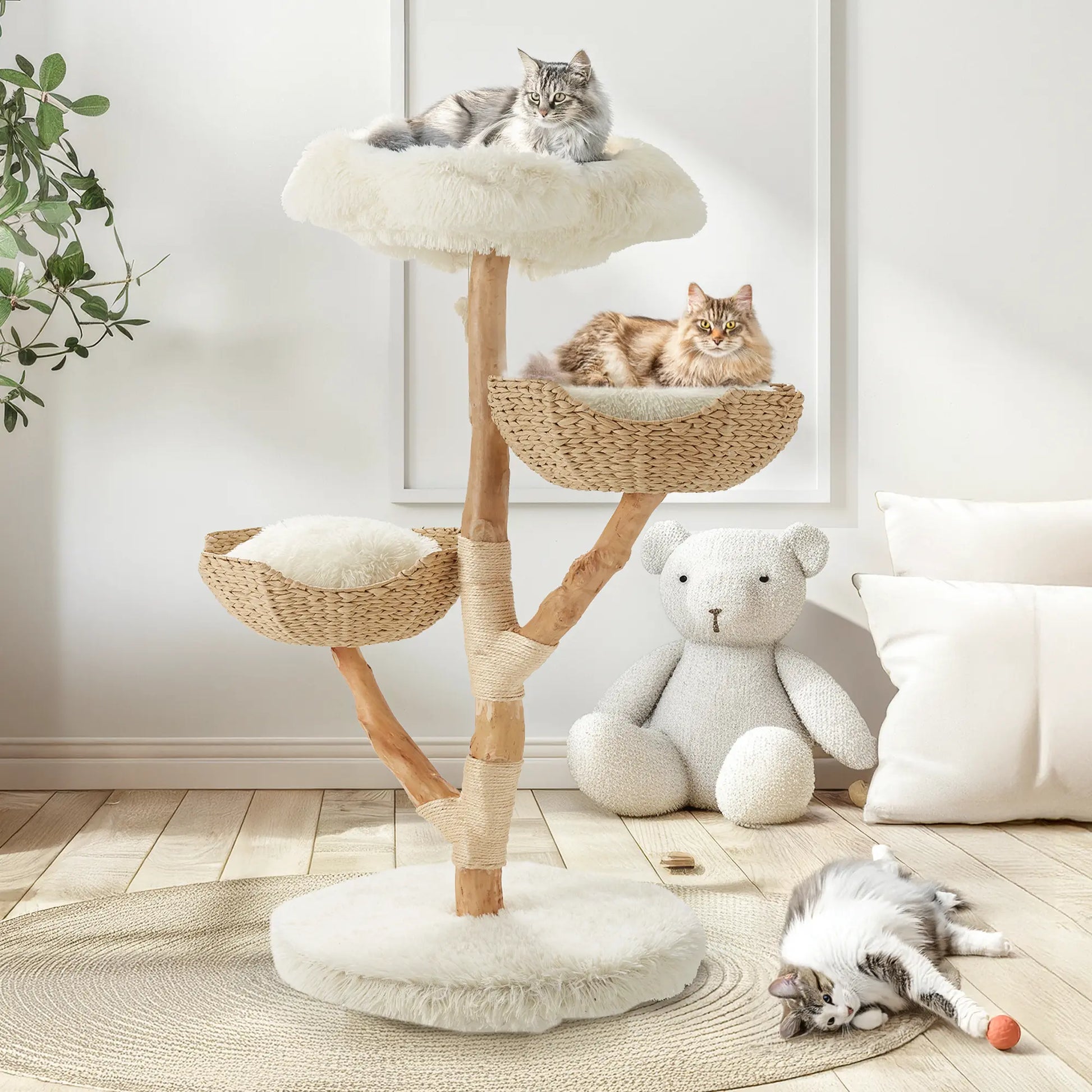EROMMY Natural Wood Cat Tree - 37-Inch Holiday Edition, Hand-Woven Baskets, Sisal Scratching Posts, Star Scratcher, Festive Santa Hat Design, Wide Base for Calm Play, Washable Cover, Interchangeable Parts, 2 Hanging Stars, Cozy Indoor Tower for 2 Cats