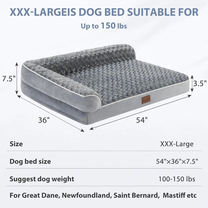 Orthopedic L-Shaped Extra Large Dog Bed - 42"X30"X6.5" Waterproof Velvet-Top Sofa, Pressure Relief Memory Foam, Joint Support, Detachable Washable Snap-Zipper Cover, Self-Warming Soft Surface, Non-Slip Bottom, Chew Resistant, for Apartment Decor