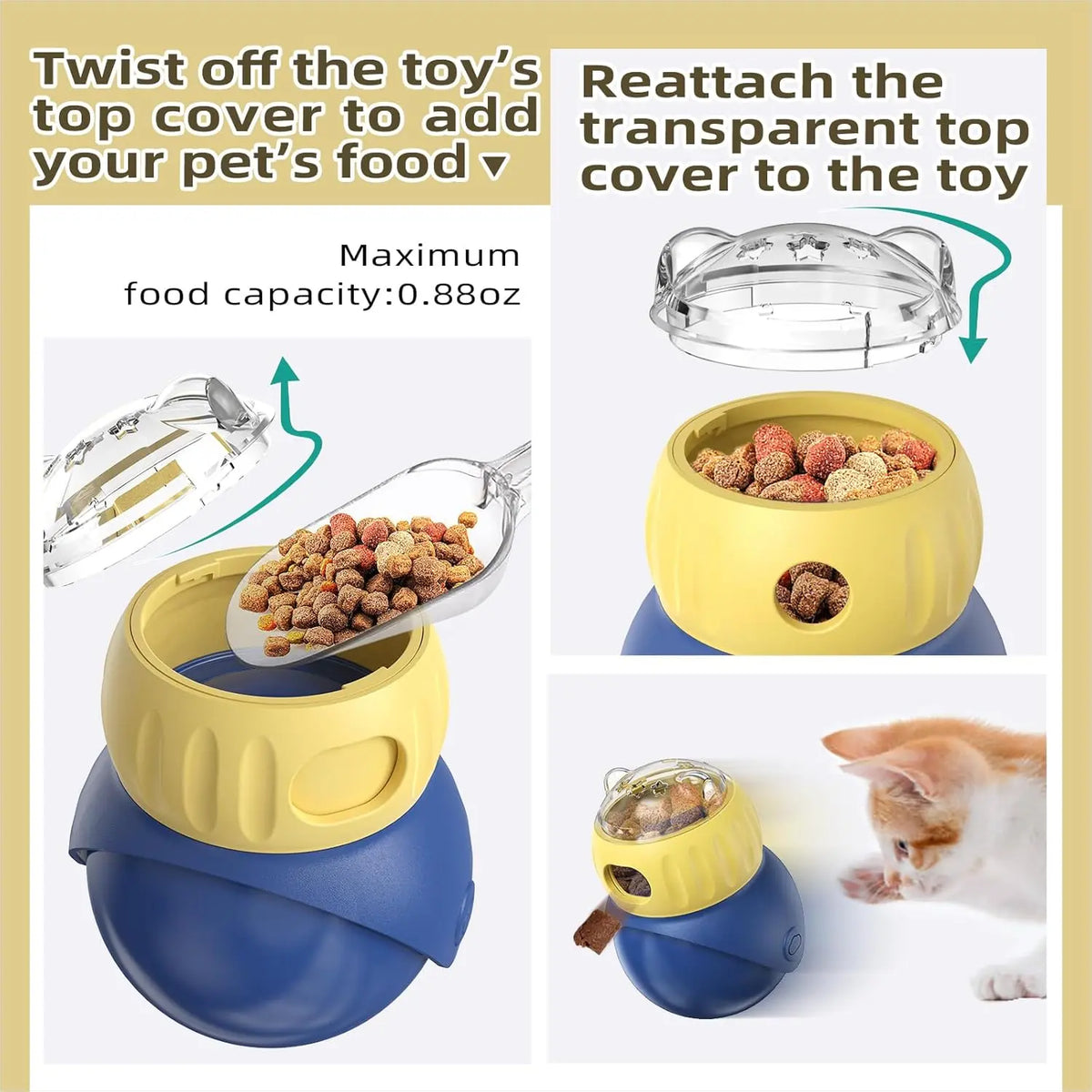 Indoor Cats Weight Loss Wobble Tumbler Feeder Food Dispenser, Fun Sliding Rolling, Enrichment Portion Control Slow Feeder for Kittens & Adult Cats