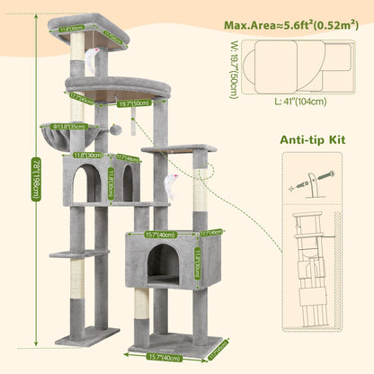 Deskat 78Inches Cat Tree for Large Cats . 2 Cat Condos ; 5 Sisal Posts; 2 Perches; F78C