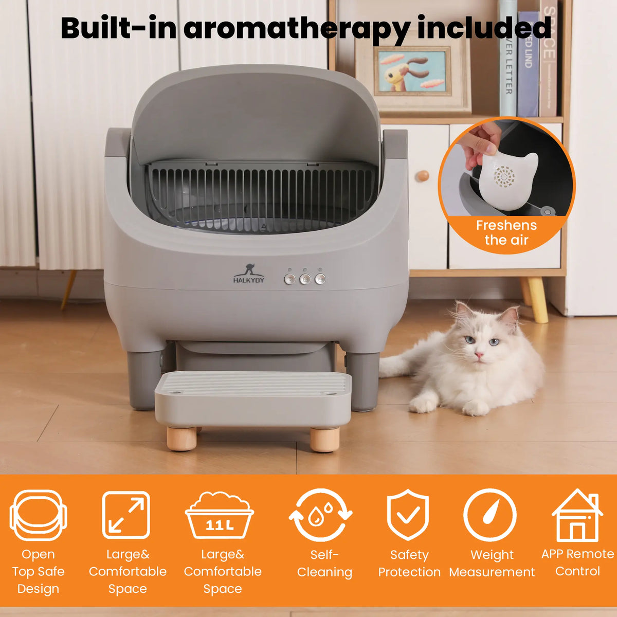 Upgraded Self-Cleaning Cat Litter Box with Raised Step, Monitor + Control via Smart App, Odor Control & Health Monitoring & Safety Protection & Low Noise, Large Automatic Litter Box for Multiple Cats