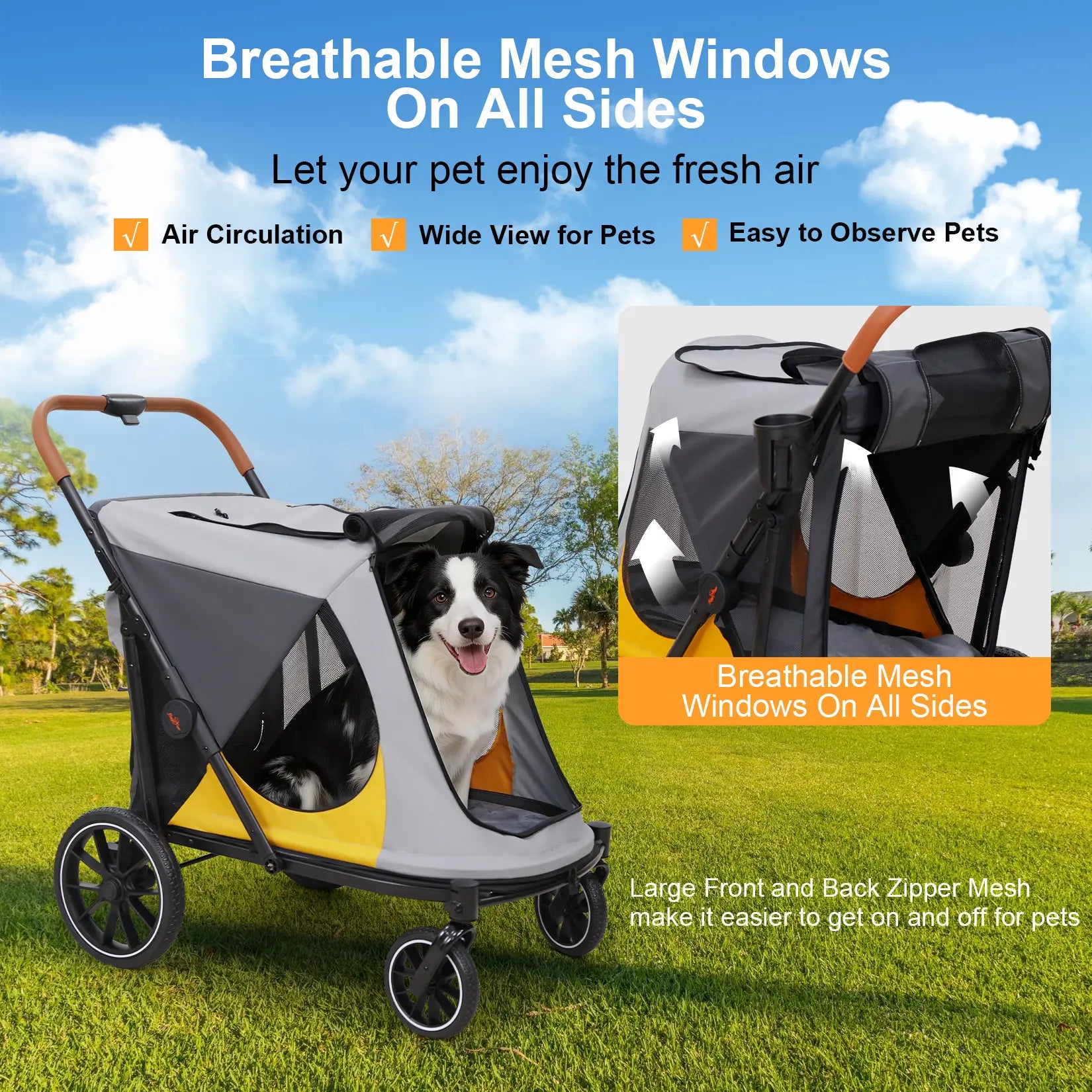 Bingopaw 1-Touch Foldable Puppy Stroller for Medium Dogs - Heavy-Duty Oxford Cloth Dog Carrier, Rear Storage Bag, Breathable Mesh, Viewing Window, Ideal for Old/Injured Pets, Indoor/Outdoor Use