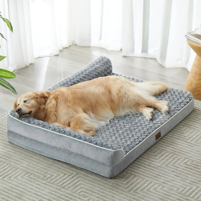 Orthopedic L-Shaped Extra Large Dog Bed - 42"X30"X6.5" Waterproof Velvet-Top Sofa, Pressure Relief Memory Foam, Joint Support, Detachable Washable Snap-Zipper Cover, Self-Warming Soft Surface, Non-Slip Bottom, Chew Resistant, for Apartment Decor