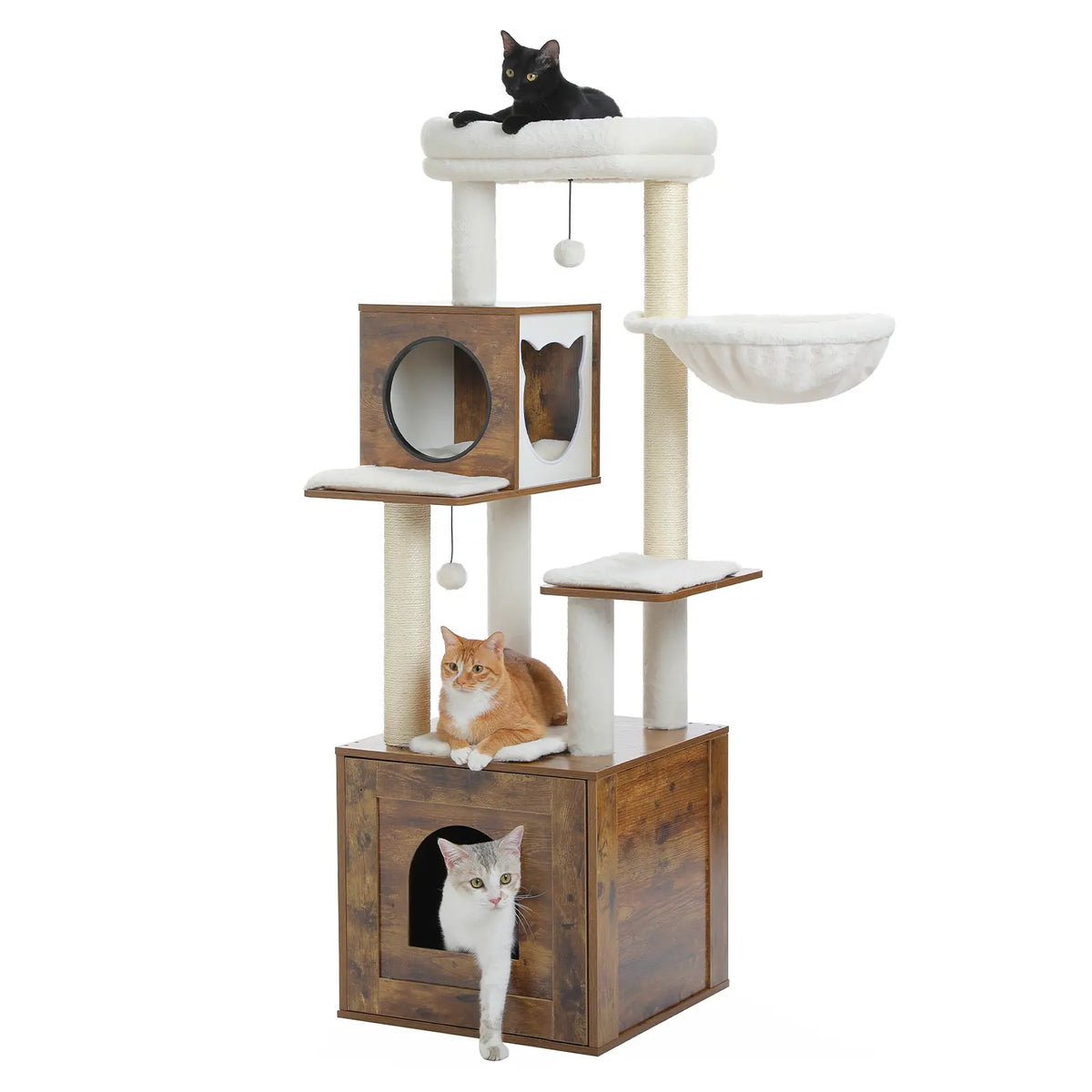 PAWZ Road Cat Tree with Litter Box Enclosure, 56.7-Inch Modern Cat Tower with Storage Cabinet and Spacious Wood Cat Condo, Sisal Covered Scratching Post and Repalcable Dangling Balls#Dealsforyoudays