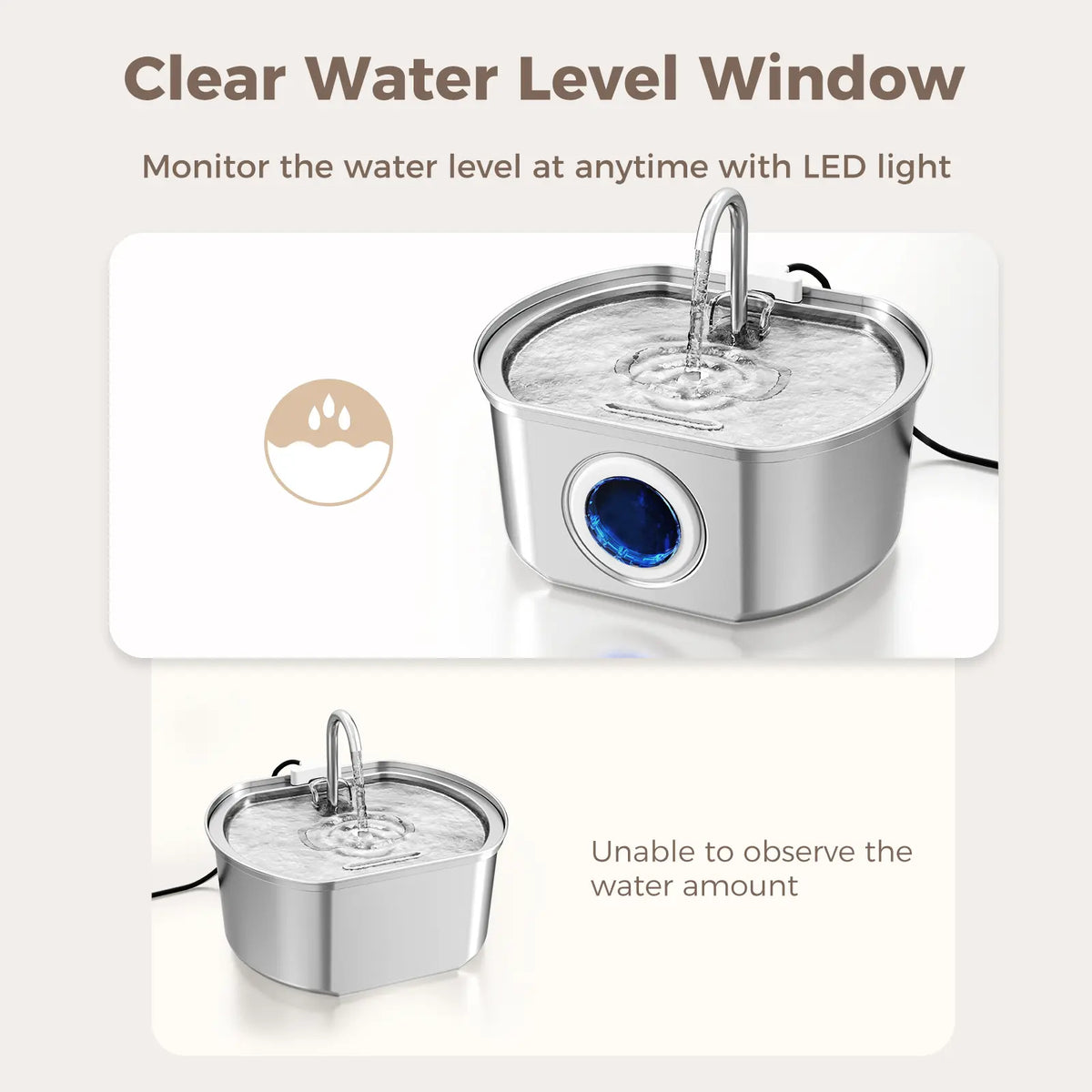 Neareal Oval Stainless Steel Automatic Pet Feeder - 108Oz/3.2L Fountain for Dogs & Cats with Water Level Window, Drinking Water Bowl, Power Supply, Hydration Boost, Easy to Clean, Odor-Eliminating Gift, Automatic Water Feeder
