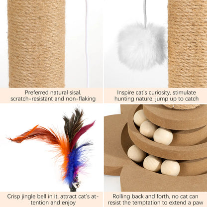 Pawaboo 9.45'' Cat Scratching Post, Cat Scratcher Tree Tower Scratching Posts for Indoor Cats, Sisal Kitten Scratch Posts Trees with Hanging Fluffy Balls and Track Balls, Furniture Protector Cat Toys Wood