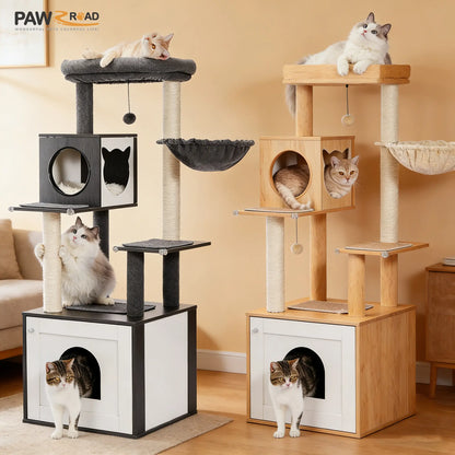 PAWZ Road Cat Tree with Litter Box Enclosure, 56.7-Inch Modern Cat Tower with Storage Cabinet and Spacious Wood Cat Condo, Sisal Covered Scratching Post and Repalcable Dangling Balls#Dealsforyoudays