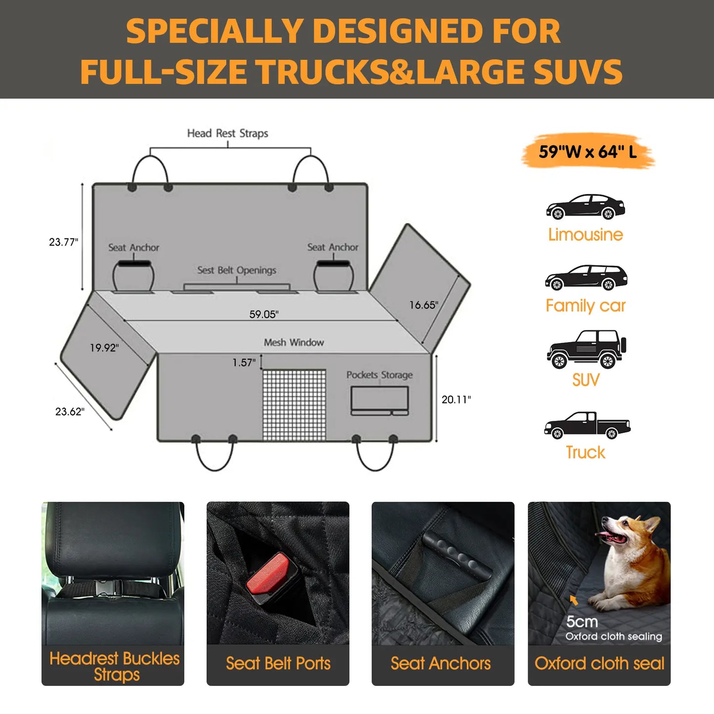 Nzonpet Dog Back Seat Covers for Trucks, 100% Waterproof with Big Mesh Window, XL Nonslip Scratchproof Dog Truck Hammock, Heavy Duty Seat Covers for Full Sized Pickup Trucks F150- Black
