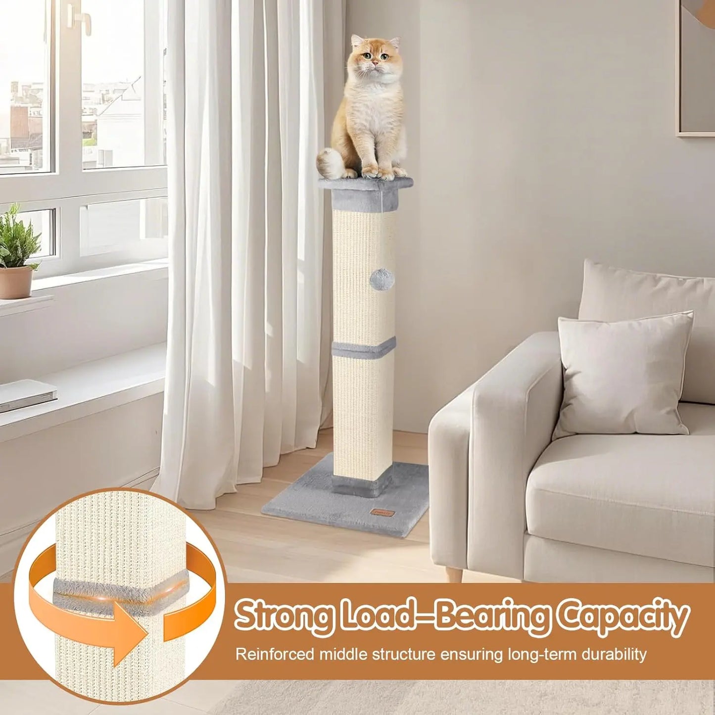 33 Inch Grey Cat Scratching Post for Indoor Cats, Cat Tree for Full-Body Stretching, Protect Your Furniture