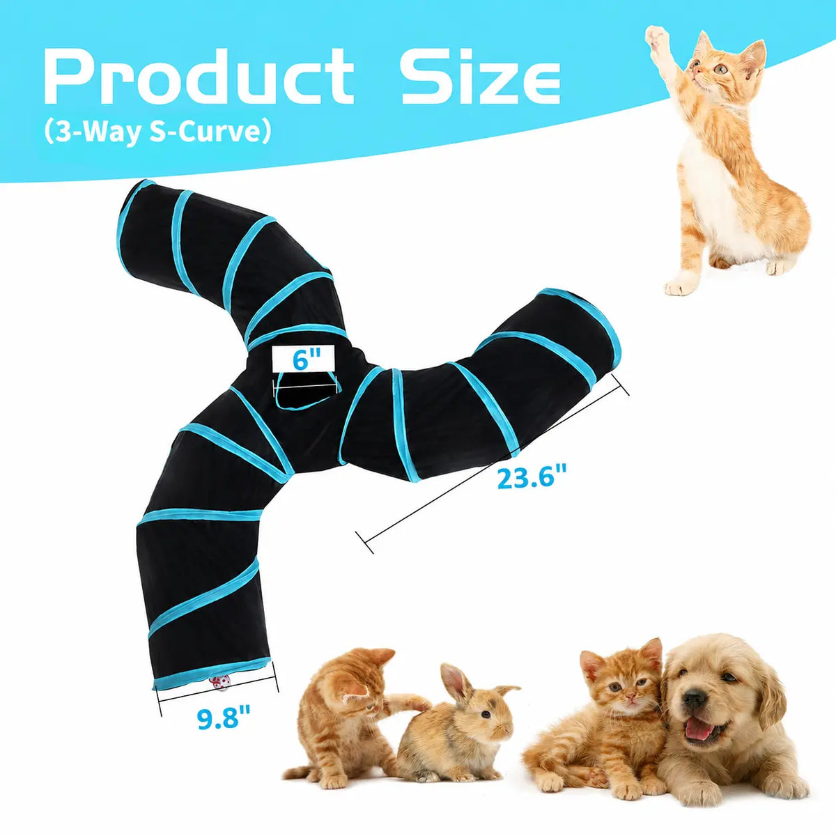 Foldable S-Curve Cat Tunnel Toy for Bored Indoor Cats, 1-Way/3-Way Multi-Entry, Multi-Channel Maze with Peek Holes & Play Ball Exit, Durable Scratch-Resistant Polyester Fabr., Space-Saving, Universal Fit (Blue & Black)