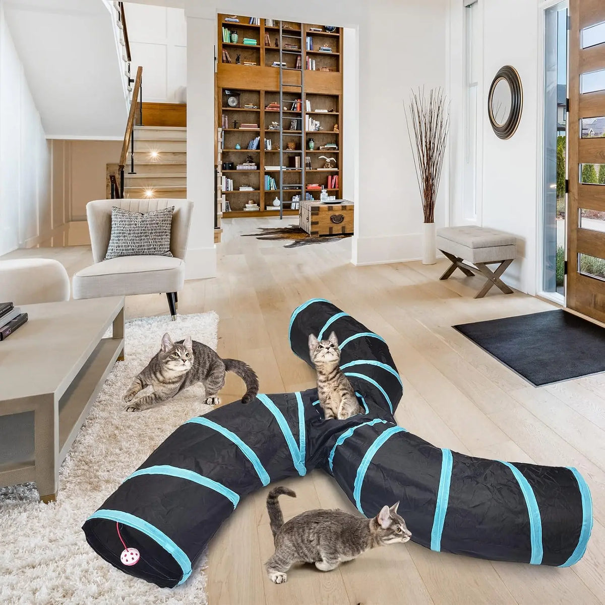 Foldable S-Curve Cat Tunnel Toy for Bored Indoor Cats, 1-Way/3-Way Multi-Entry, Multi-Channel Maze with Peek Holes & Play Ball Exit, Durable Scratch-Resistant Polyester Fabr., Space-Saving, Universal Fit (Blue & Black)