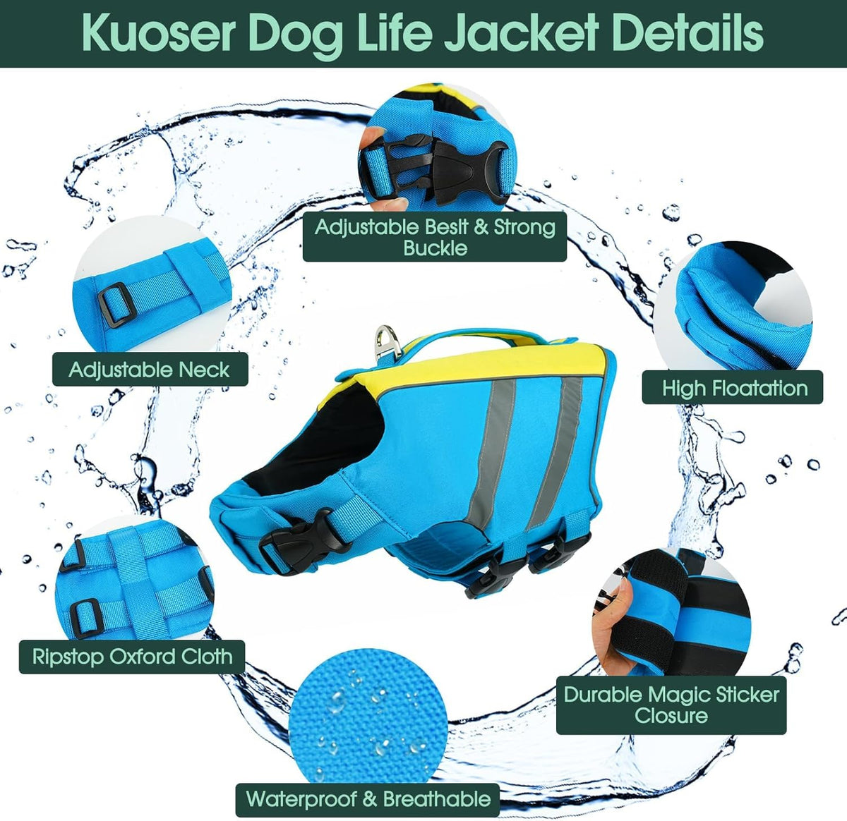Kuoser Dog Life Jacket, High Flotation Dog Life Vest for Swimming & Boating, Adjustable Dogs Swim Vest with Rescue Handle, XS-XXL Reflective High Visibility Lifejacket for Small Medium Large Dogs