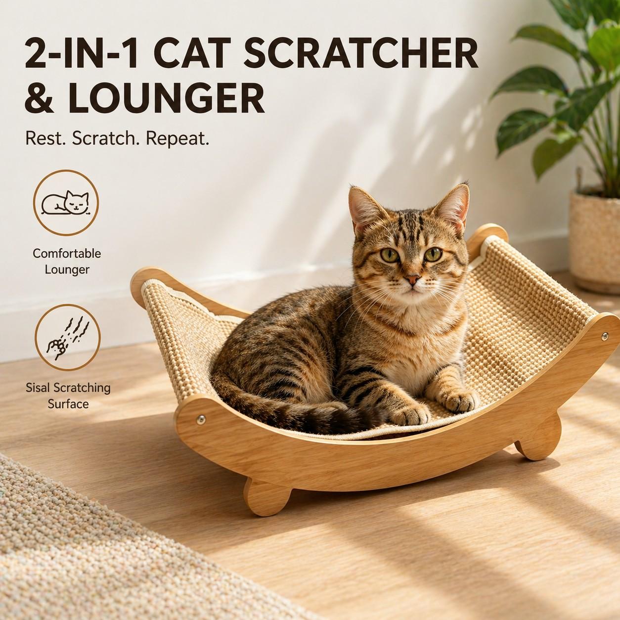 Natural Fiber Cat Scratching Bed, Durable Cat Scratch Board, Large Cat Claw Pad, Prevents Furniture Damage, Wooden Pet Home Decor, Natural Sisal Scratcher